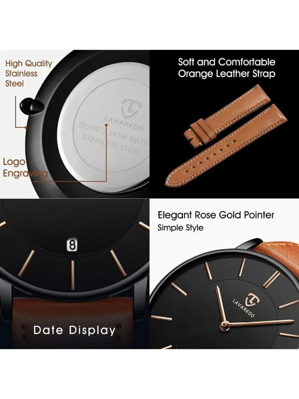 Men's Orange Black Leather Strap Analog Minimalist Fashion Simple Wrist Watch